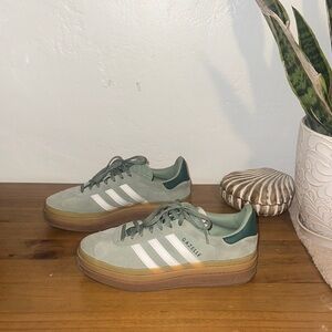 adidas Gazelle Suede Sneakers in Sage Green & White with Gum Sole